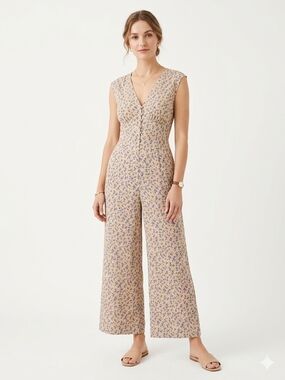 Lulu's Beige Jumpsuit with Lavender Floral Print
